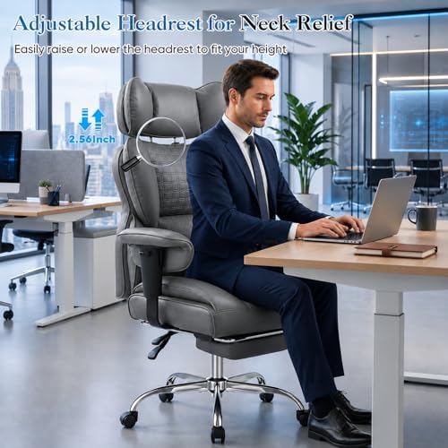 Big and Tall Office Chair 350 LBS, Scratch-Resistant PU Leather Executive Office Desk Chair with Footrest, Ergonomic Reclining Computer Chair with Pocket Spring Support for Home Office, Grey