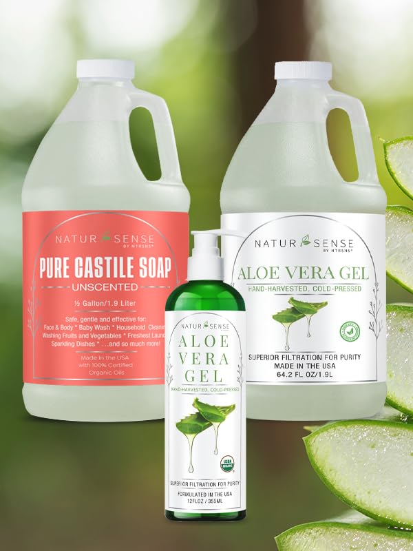 NTRSNS NaturSense Pure Castile Soap. Unscented, Made with 100% Certified Organic Oils, Gentle Personal & Baby Wash, Safe & Effective Household Cleaning - 1 Gallon total w/pump, 64oz x 2 Bottles