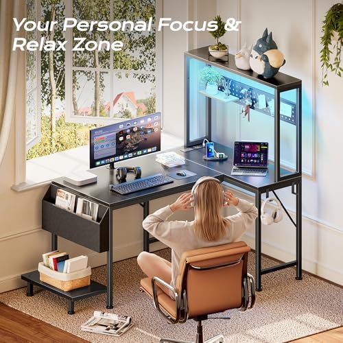 PRAISUN L Shaped Gaming Desk with LED Lights & Power Outlets