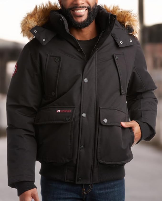 CANADA WEATHER GEAR Mens Winter Bomber Jacket - Heavyweight Winter Coats Weather Resistant Faux Fur Hood Insulated Ski Jacket