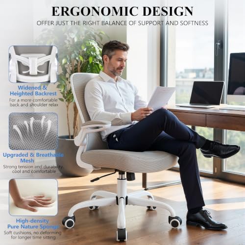 FelixKing Office Chair, Ergonomic Desk Chair Breathable Mesh Chairs Adjustable High Back Lumbar Support Flip-up Armrests, Executive Rolling Swivel Comfy Computer Chairs Home Office Gray