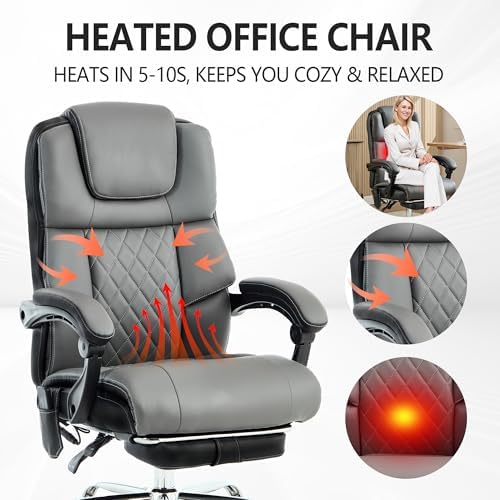Massage Office Chair with Heat & Footrest,Heated Comfy Reclining Desk Chair with Vibration,Executive Big and Tall Chairs for Heavy People,Adjustable Height Black Grey
