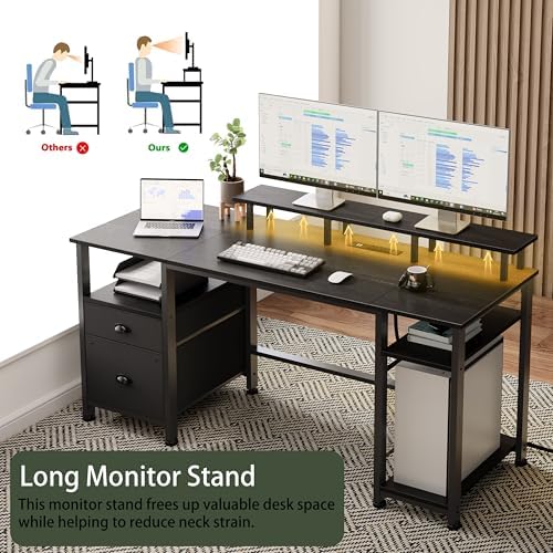 Furologee 61" Gaming Desk with Outlets & LED, Large Computer Desk, Black