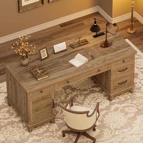 IDEALHOUSE 60" Farmhouse Wooden Home Office Executive Desk with Drawers