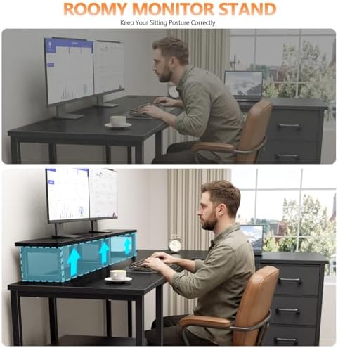 Korfile 59 inch L Shaped Computer Desk with Power Outlets, Black