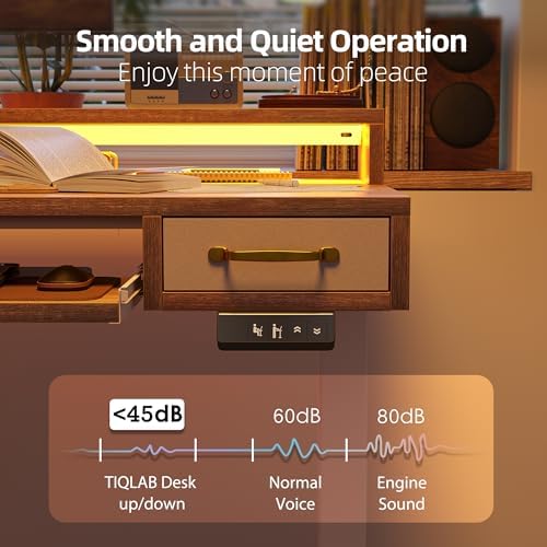 TIQLAB Standing Desk with Two Drawers, Stand Up Standing Desk Adjustable Height, Electric Sit Stand Table with Storage Shelf and Splice Board, with LED Light, 47 * 28 inch, Maple