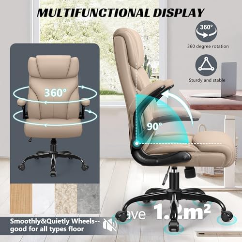 HeroSet Office Chair, Ergonomic Big and Tall Computer Desk Chairs, Executive Breathable Leather Chair with Adjustable Flip-up Armrests, Lumbar Support Swivel PC Chair with Rocking Function,Khaki
