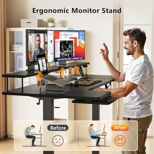 OffiGo 55 Inch U Shaped Electric Standing Desk with Keyboard Tray, Black