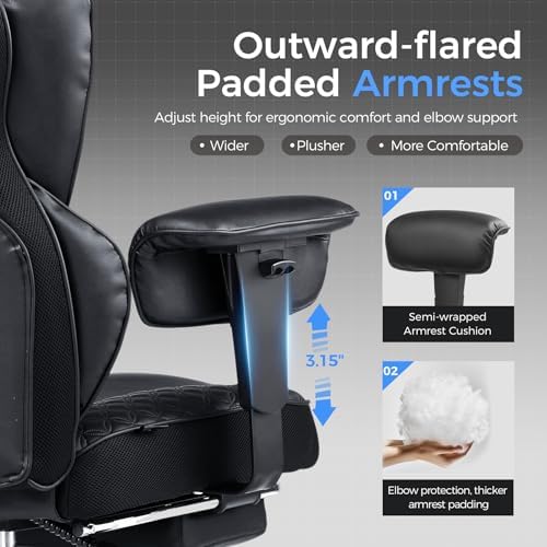 GTPLAYER Big and Tall Gaming Chair 400lbs Heavy Duty Office Chair with Foot Rest & Ergonomic Pocket Spring Lumbar Support, High Back 3D Saddle Shaped Cushion for Back Pain Relief, Matte-Black