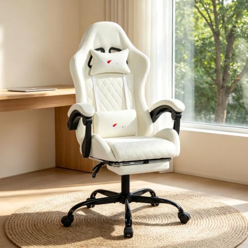 Fabric Gaming Chair for Adults, Ergonomic Computer Office Desk Chair with Footrest,Pocket Spring Cushion, Reclining High Back Silla Gamer for Home Office, White