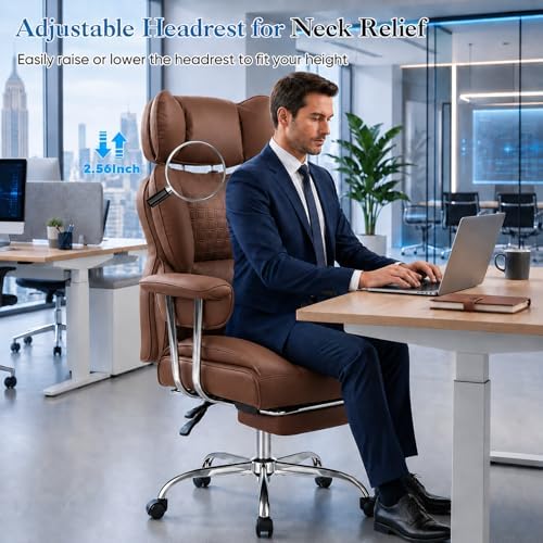 Big and Tall Office Chair 350 LBS, Scratch-Resistant PU Leather Executive Office Desk Chair with Footrest, Ergonomic Reclining Computer Chair with Pocket Spring Support for Home Office, Brown