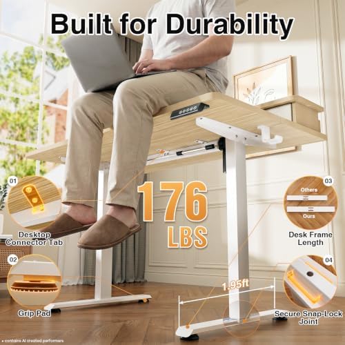Veken 47x28 in Electric Standing Desk with Drawers, Adjustable Table, Wood