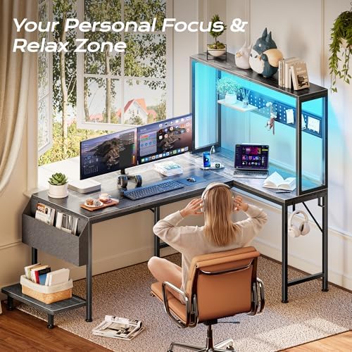 PRAISUN L Shaped Gaming Desk with LED Lights & Power Outlets