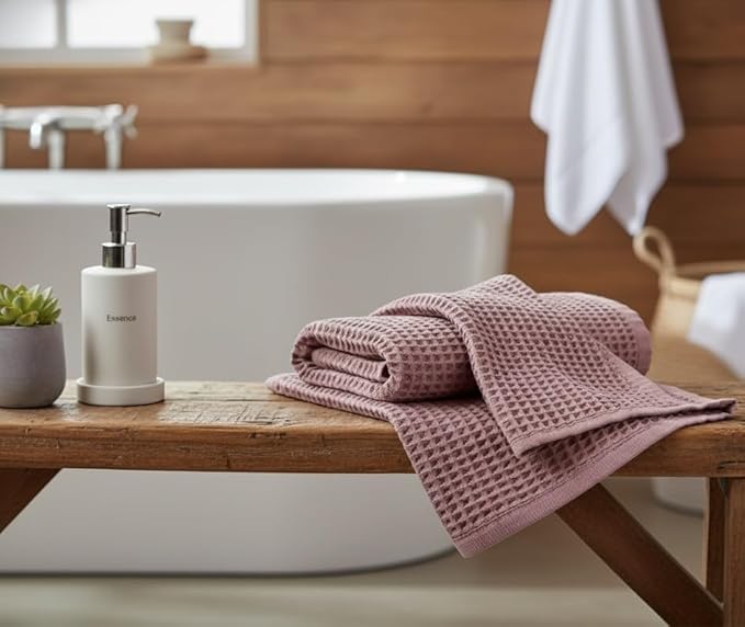 DEMMEX Organic Cotton Waffle Weave Turkish Towel Set for Bathroom, 1 Bath & 2 Large Hand Towels, 100% Oeko-TEX Certified Premium Turkish Cotton, Super Soft Lightweight Quick Dry (Blush Pink)