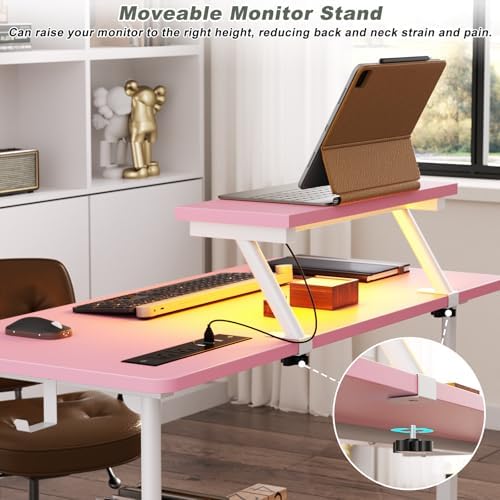 Height Adjustable Standing Desk with Power Outlets and LED Lights - 32" Manual Stand Up Desk with Monitor Stand and Storage Shelves Small Mobile Rolling Computer Desk Portable Laptop Table, Pink