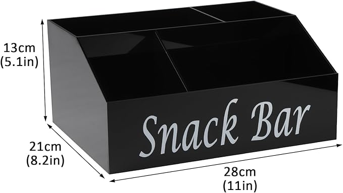 Snack Organizer for Countertop - Acrylic Storage Container With 4 Compartments for Kitchen Cabinet Pantry - Black Snack Bar Station