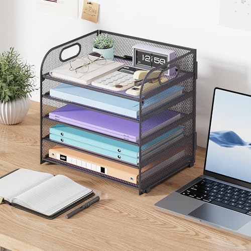 Cawukege 2 Pack 5 Tier Paper Organizer, Letter Tray with Handle, Mesh Desk Organizer, Metal File Organizer, Office Desk Accessories for Home, Office, Classroom, School -Grey