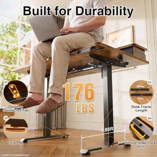 Veken 47x28 in Electric Standing Desk with Drawers, Adjustable Table, Brown