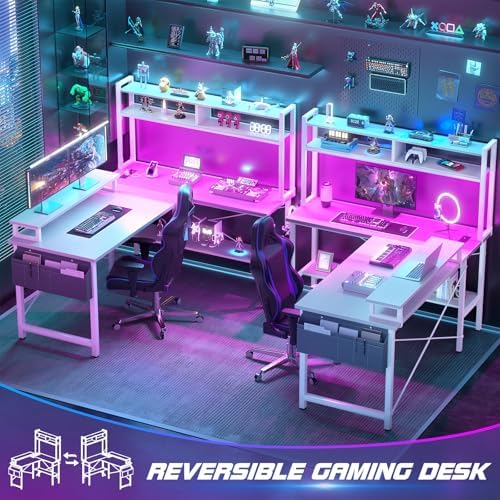 Aheaplus L Shaped Gaming Desk with Power Outlets & LED Lights, White