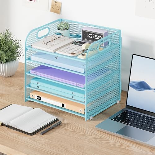 Cawukege 2 Pack 5 Tier Paper Organizer, Letter Tray with Handle, Mesh Desk Organizer, Metal File Organizer, Office Desk Accessories for Home, Office, Classroom, School -Blue