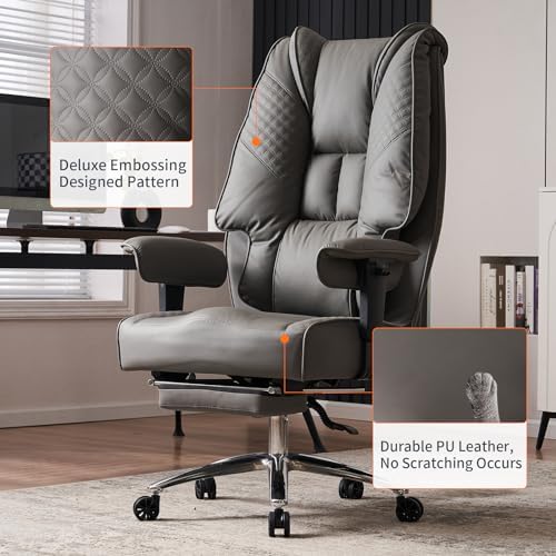EXCEBET Big and Tall Office Chair 400lbs Wide Seat, Leather High Back Executive Office Chair with Foot Rest, Ergonomic Chairs Lumbar Support for Lower Back Pain Relief (Grey)