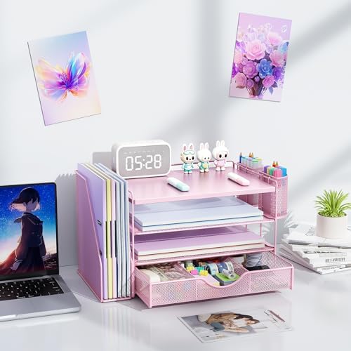 gianotter Wood Desk Organizers and Accessories with File Holder, 4-Tier Desk Accessories & Workspace Organizers with Drawer and 2 Pen Holder, Desk Reference Organizer (Pink, 4T with Metal Drawer)