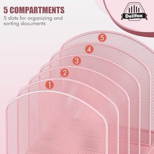 Delifox Inclined Desk File Organizer,Vertical File Folder Holder Stand Metal Rack File Sorter for Office Classroom Desktop Organization (1, Pink, 5)