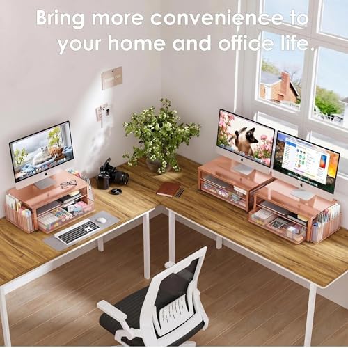 OPNICE Computer Monitor Stand Riser, Desk Organizer with Drawer, Printer & Laptop Stand, Office Desk Accessories & Workspace Desktop Organizers Storage for Office Supplies(Rose Gold)