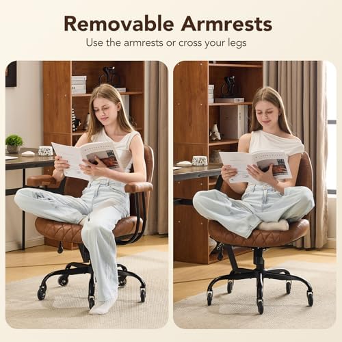 YFO Home Office Desk Chair Office Rubber Casters Ergonomic Computer Chair with Lumbar Support Adjustable Height Rolling Swivel Executive Task Armrests Chair๏ผ Brown Leather
