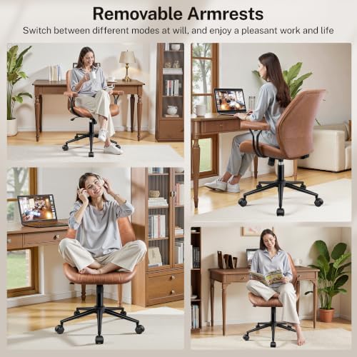 HeroSet Leather Office Chair with Removable Armrests, Mid Back Ergonomic Desk Chair with Lumbar Support, Adjustable Height Rocking Swivel Executive Chair for Home Office, Brown