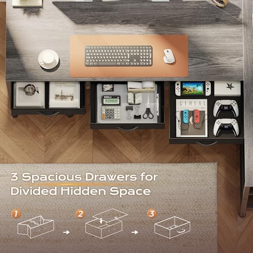 PRAISUN 55 Inch L Shaped Office Desk with Power Outlets and Type-C Port, Large Computer Gaming Desk with 3 Fabric Drawers, Mesh Shelves, Corner Study Work Writing Desk, Grey