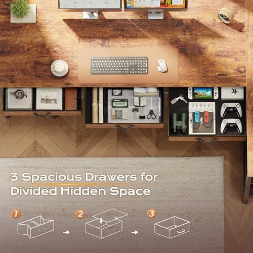 PRAISUN 63 Inch L Shaped Office Desk with Power Outlets and Type-C Port, Large Computer Gaming Desk with 3 Fabric Drawers, Mesh Shelves, Corner Study Work Writing Desk, Rustic Brown
