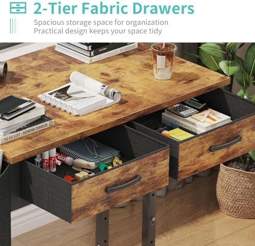 Small Portable Standing Rolling Desk - 32 Inch Adjustable Mobile Stand Up Teacher Desks with 2 Fabric Drawers on Wheels, Couch Sofa Side Laptop Table with Storage for Bedroom Home Office, Rustic Brown