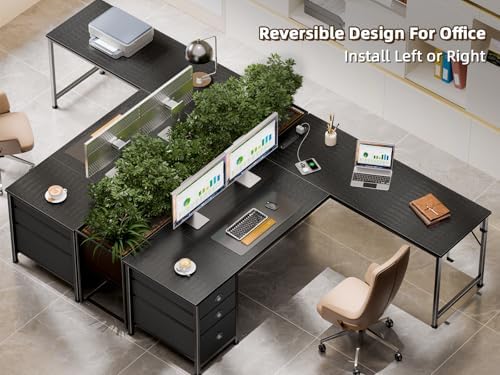 Furologee 63" L Shaped Desk with Power Outlets & USB-C Port, Reversible Corner Computer Desk with 3 Fabric Drawers, Hooks, Home Office Desk for Gaming, Writing, Work, Black