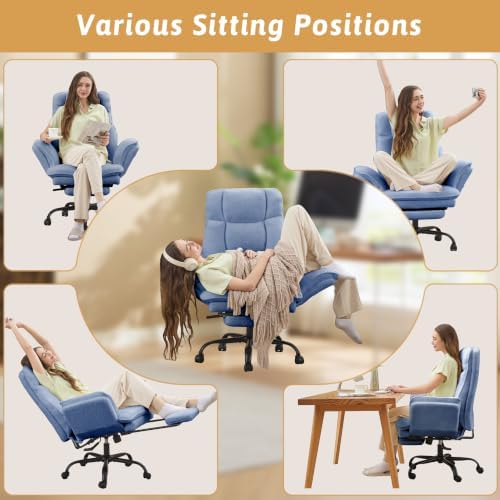 Wider Seat Office Chair with Flip Armrests for Criss Cross Legged&Cats, Big and Tall Executive Ergonomic Reclining Chair with Footrest&Lumbar Pillow, Teddy Fleece Desk Chair,Blue Vanity Chair