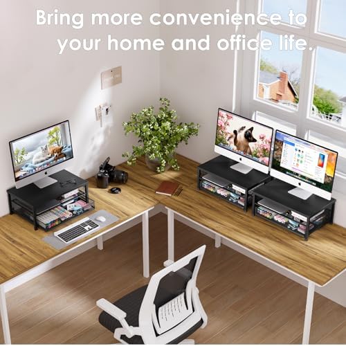 OPNICE Computer Monitor Stand Riser, Desk Organizer with Drawer, Printer & Laptop Stand, Office Desk Accessories & Workspace Desktop Organizers Storage for Office Supplies(Black 2-Pack)