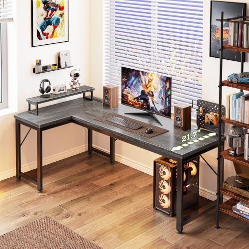 PRAISUN 53" L Shaped Computer Desk, Power Outlets, Monitor Stand, Grey