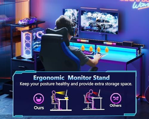 AODK Gaming Desk w/PC Showcase Stand, 59" Reversible, RGB LED, Black