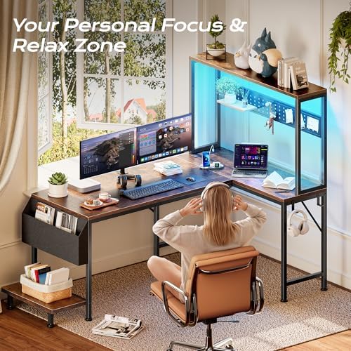 PRAISUN L Shaped Gaming Desk with LED Lights & Power Outlets