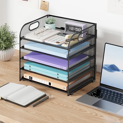Cawukege 2 Pack 5 Tier Paper Organizer, Letter Tray with Handle, Mesh Desk Organizer, Metal File Organizer, Office Desk Accessories for Home, Office, Classroom, School -Black