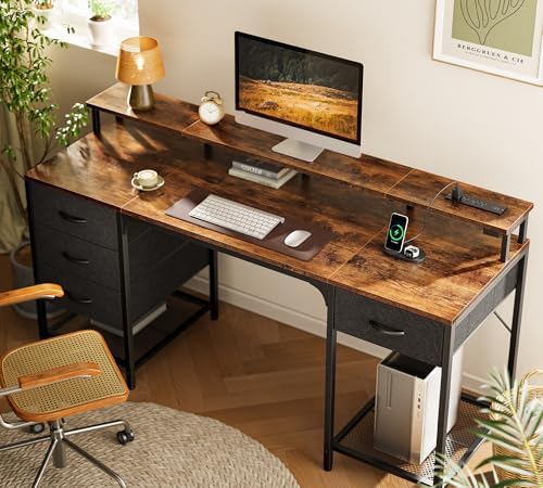 Huuger 63 inch Computer Desk with Power Outlets & 4 Drawers