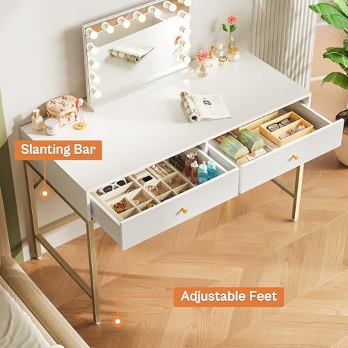 SUPERJARE White and Gold Vanity Desk with Drawers, 47 inch Computer Desk