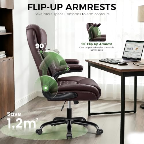 Office Chair, Ergonomic Executive Desk Chair with Lumbar Support for Lower Back Pain Relief, Padded Flip-Up Armrests, Leather Home Office Chair, Coffee