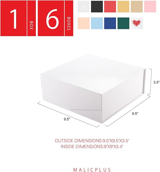 Gift Box with Lid 9x9x3.4 Inches, White Bridesmaid Proposal Box with Magnetic Closure for All Occasion (Glossy White)