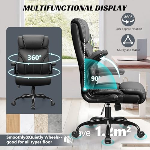 HeroSet Office Chair, Ergonomic Big and Tall Computer Desk Chairs, Executive Breathable Leather Chair with Adjustable Flip-up Armrests, Lumbar Support Swivel PC Chair with Rocking Function,Matte Black