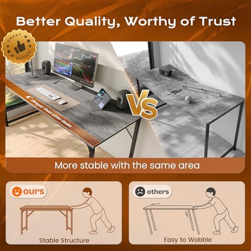 PRAISUN 55 X 24 Inch Computer Desk with Deeper Desktop, Gaming Office Writing Work Desk for Home Office, Study, Bedroom, Work from Home, Metal Frame, Grey