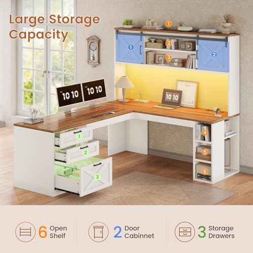 SEDETA 67" Farmhouse L Shaped Desk with Hutch, White+Brown