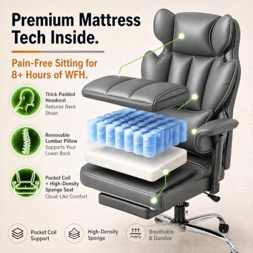 Furmax Big and Tall Office Chair, High Back Gaming Chair with Footrest for Heavy People, 400LBS Ergonomic Comfy Office Chair with Adjustable Armrests for Home Office (Grey)