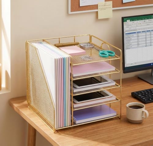 OPNICE Desk Organizer, 5-Tier Paper Organizer Letter Tray, Gold