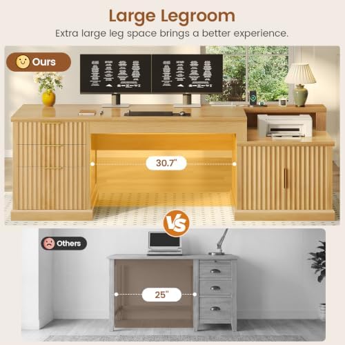 SEDETA 70.9" Executive Desk, Fluted Office Desk with Drawers, Fluted Oak